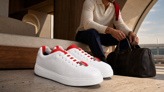 Exact white men's T-Switch sneakers with red calf-leather T-Kit in a luxury travel lounge